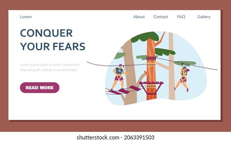 Web page template with people in adventure park, flat vector illustration. Rope park website landing page, man and woman overcome obstacles, conquer your fears concept.