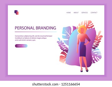 Web page template for personal branding, business communication, consulting, planning. Landing page design. Businesswoman. Web banner, mobile app Vector illustration