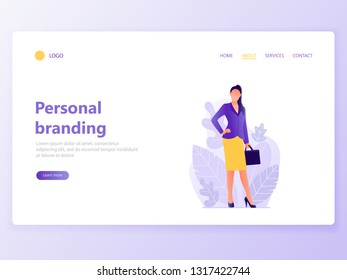 Web page template for personal branding, business communication, consulting, planning. Landing page design. Businesswoman. Web banner, mobile app Vector illustration