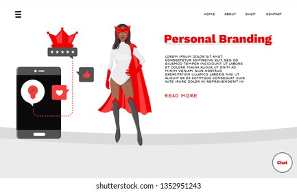 Web Page Template for Personal Branding, Business Communication, Consulting, Planning. Landing Page Layout. Superhero Character Standing with Social Media Signs. Web Banner, Mobile App Illustration