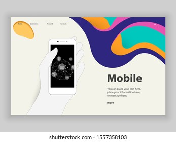 Web page template and phone handle, online market project development - User Interface Ui, Ux development vector - Landing page concept - Mobile app wireframe