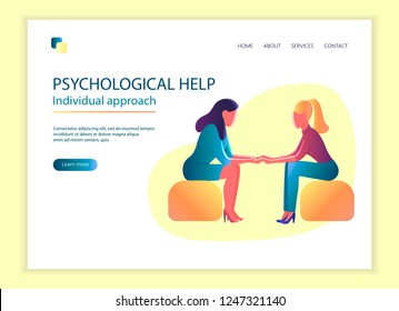 Web page template of Psychotherapy session. Psychological help. Woman psychologist and woman patient, society psychiatry concept vector illustration