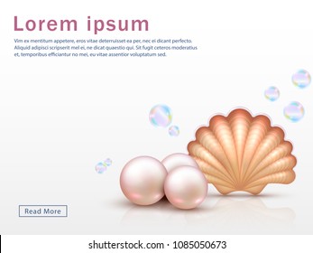 Web page template with realistic shell and pearls and colorful bubbles. Vector seashell background. Illustration of pearl and shell undersea