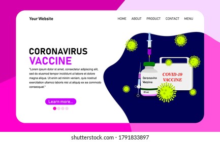Web page template with realistic vaccine and injection design vector accompanied by a coronavirus design. Vaccination awareness and healthcare service 