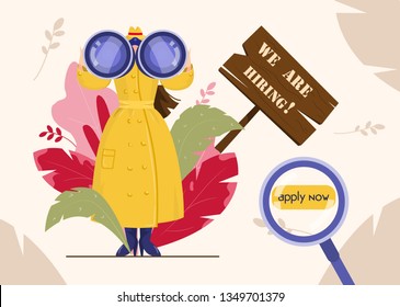 Web page template for recruitment agency. We are hiring concept. Woman detective looking through binoculars for new employees. Flat style.