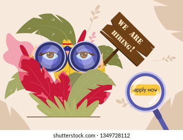 Web page template for recruitment agency. We are hiring concept. Woman detective looking through binoculars for new employees. Flat style.