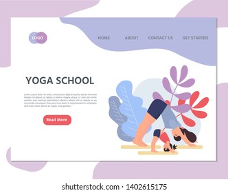 Web page template of school yoga. Modern flat design concept of web page design for website. Mom and daughter doing yoga pose together. Vector illustration