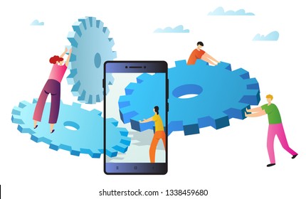 Web page template with service manager push gears. Concept for mobile app, banner, ui and ux design. Vector illustration for business teamwork themes. 