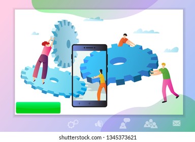 Web page template with service manager push gears. Concept for mobile app, banner, ui and ux design. Vector illustration for business teamwork themes. 