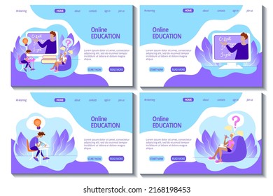 Web page template set for online education and e-learning. Teacher and students. Online classroom. Stock modern flat illustration concept for landing page. Website design easy to edit and customize.