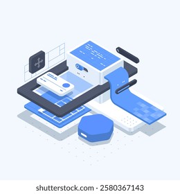 Web page template Software development. Vector illustration with laptop and program code on screen. Concept of Information technologies and computer engineering. Isometric illustration.