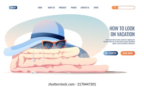 Web page template with summer beach accessories. Concept for web banner and landing page. Towel, sunglasses, beach hat, sunscreen.