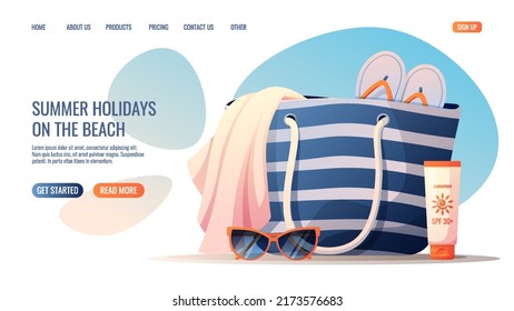 Web page template with summer beach accessories. Concept for web banner and landing page. Towel, sunglasses, beach bag, sunscreen