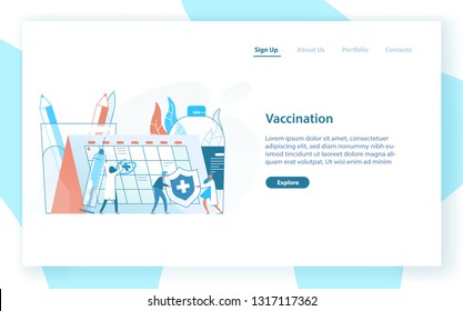 Web page template with tiny doctors or physicians, giant syringe with vaccine and calendar or timetable. Vaccination awareness and healthcare service. Flat vector illustration for advertisement.
