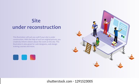 web page template under reconstruction. Isometric illustration with men and women working on web design. Easy to edit and edit.