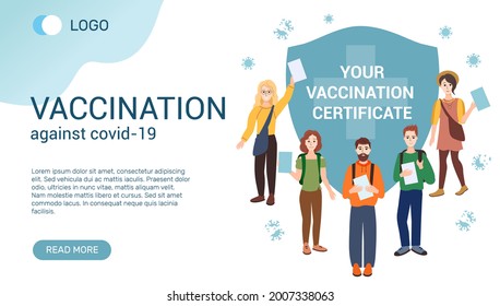 Web page template of Vaccination against covid-19. Certificate of vaccination. Happy young people are standing around a large shield.  Vector banner template.