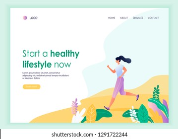 Web page template with woman running in the park. Forest, park and hills on background. Healthy lifestyle. Banner, site, poster template with place for your text. Vector