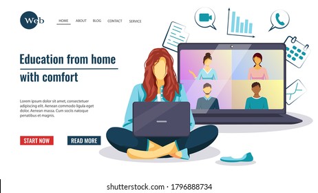 Web page template with woman sitting with laptop and learning online. Online education, video conference, e learning, courses concept. Vector illustration for website development, banner and poster.