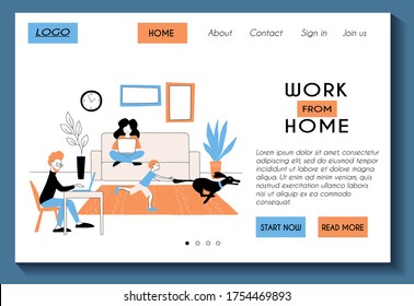 Plantilla de página Web para el trabajo desde el sitio principal. Ilustración plana estándar para el servicio de trabajo independiente y remoto. Familia de independientes. Concepto moderno de página de aterrizaje.