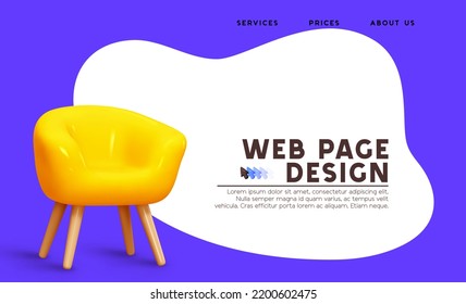 Web page template with yellow modern armchair. landing page. Banner and Header for Website. 3D concept creative design relaxation interior. Online furniture store. vector illustration