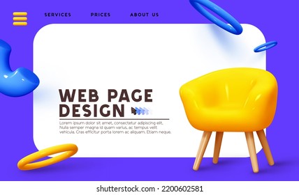 Web page template with yellow modern armchair, geometric abstract objects. landing page. Banner and Header for Website. 3D concept creative design interior and leisure. vector illustration