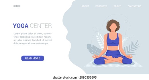 Web page template of Yoga Center. Modern flat design concept of web page design for website. Woman meditates in the lotus position on the background of nature. Vector illustration.