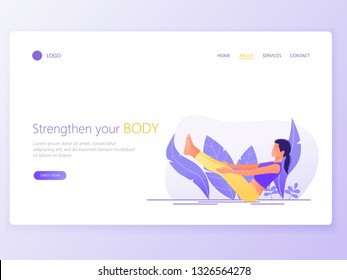 Web page template of Yoga School, Studio. Modern flat design concept of web page design for website and mobile website. Woman does yoga exercise, yoga pose. Vector illustration