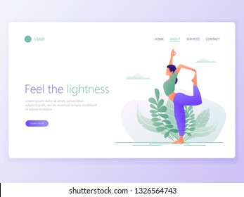 Web page template of Yoga School, Studio. Modern flat design concept of web page design for website and mobile website. Woman does yoga exercise, yoga pose. Vector illustration