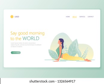 Web page template of Yoga School, Studio. Modern flat design concept of web page design for website and mobile website. Woman does yoga exercise, yoga pose. Vector illustration