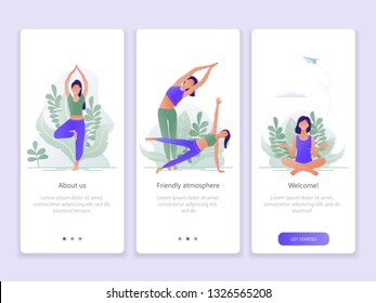 Web page template of Yoga School, Studio. Modern flat design concept of web page design for website and mobile website. Woman does yoga exercise, yoga pose. Vector illustration