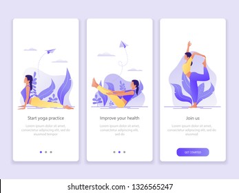 Web page template of Yoga School, Studio. Modern flat design concept of web page design for website and mobile website. Woman does yoga exercise, yoga pose. Vector illustration