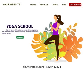 Web page template of Yoga School, Studio. Modern flat design concept of web page design for website and mobile website. Woman does yoga exercise, yoga pose. Vector illustration - Vector illustration -