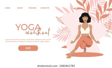 Plantilla de página de Web para escuela de yoga, estudio. Diseño moderno para un Sitio web. Mujer haciendo un ejercicio de yoga, pose de yoga. en colores pastel.