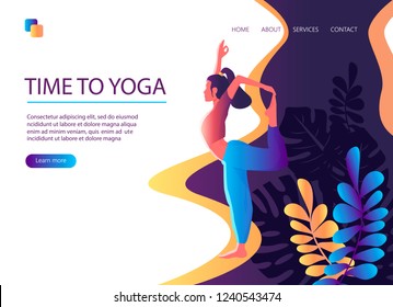 Web page template of Yoga Studio. Time to yoga. Modern flat design concept of web page design for website and mobile website. Woman does yoga exercise, yoga pose. Vector illustration