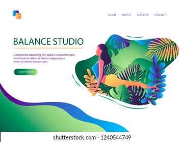 Web page template of Yoga Studio. Balance studio. Modern flat design concept of web page design for website and mobile website. Woman does yoga exercise, yoga pose. Vector illustration