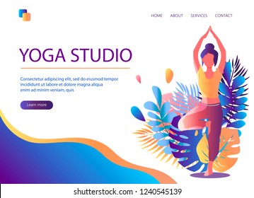 Web page template of Yoga Studio. Modern flat design concept of web page design for website and mobile website. Woman does yoga exercise, yoga pose. Vector illustration