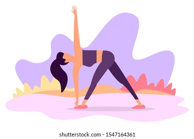 Web page template of Yoga Studio. Modern flat design concept of web page design for website and mobile website. Woman does yoga exercise, yoga pose. Vector illustration