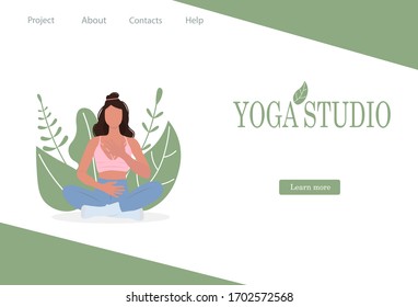 Web page template of Yoga Studio. Modern flat design concept of web page design for website and mobile website. Woman does yoga exercise, yoga pose. Vector stock illustration
