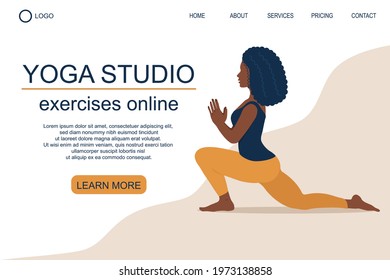 Web page template of Yoga Studio, School. Beautiful black woman does exercise, yoga pose. Modern design concept for website and mobile app. Vector illustration for poster, banner, placard, website