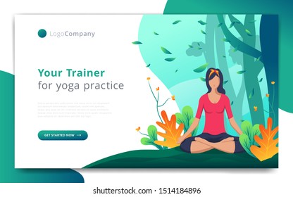 web page template of yoga trainer do exercise in open nature. Easy to edit and customize. Vector illustration. Eps10