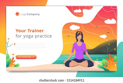 web page template of yoga trainer do exercise in open nature. Easy to edit and customize. Vector illustration. Eps10