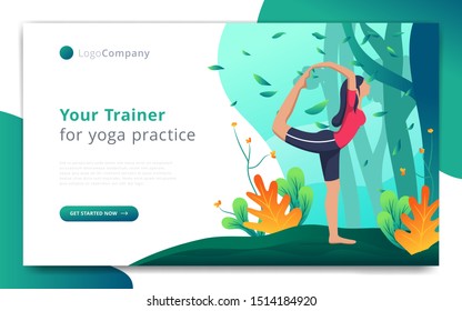 web page template of yoga trainer do exercise in open nature. Easy to edit and customize. Vector illustration. Eps10