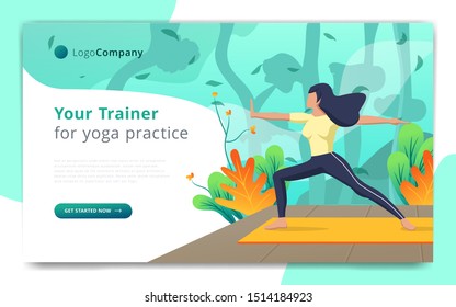 web page template of yoga trainer do exercise in open nature. Easy to edit and customize. Vector illustration. Eps10