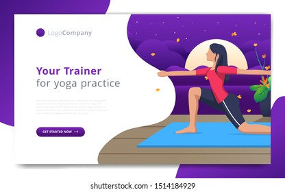 web page template of yoga trainer do exercise in open nature. Easy to edit and customize. Vector illustration. Eps10