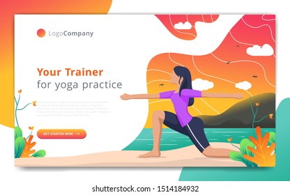 web page template of yoga trainer do exercise in open nature. Easy to edit and customize. Vector illustration. Eps10