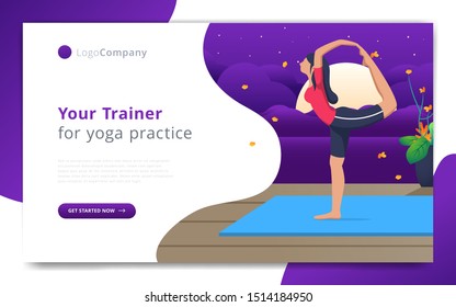 web page template of yoga trainer do exercise in open nature. Easy to edit and customize. Vector illustration. Eps10