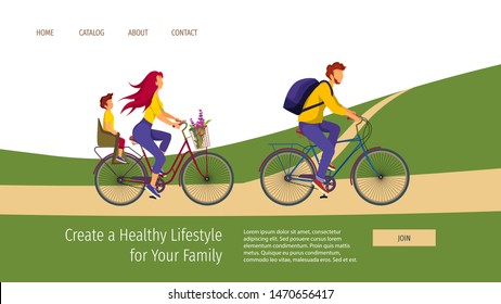 Web page template with young family riding a bikes. Healthy Lifestyle, Outdoor, Biking, Cyclists, Friendly family concept. Vector illustration can be used in poster, banner and website development.