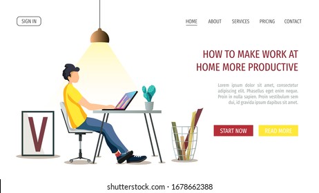 Web page template with young man working at home at the table. Freelance, work at home, online job, home office, e-learning concept. Vector illustration for poster, banner, website, advertisement.