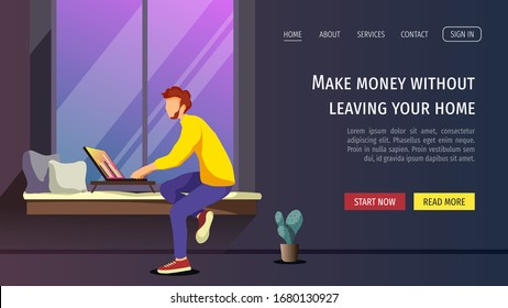 Web page template with young man working or learning at home. Freelance, work at home, online job, home office, e-learning concept. Vector illustration for poster, banner, website, flyer.