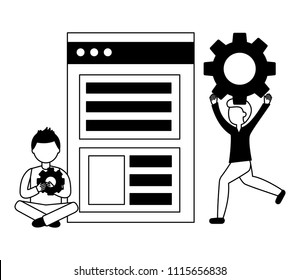 web page template with young men and gears isolated icon